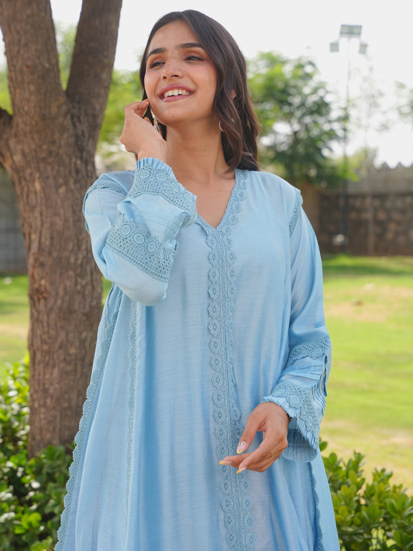 Ice Blue Chanderi Lace Work Kurta Set