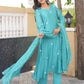 Teal Aqua Daisy Chanderi A-Line Kurta Set