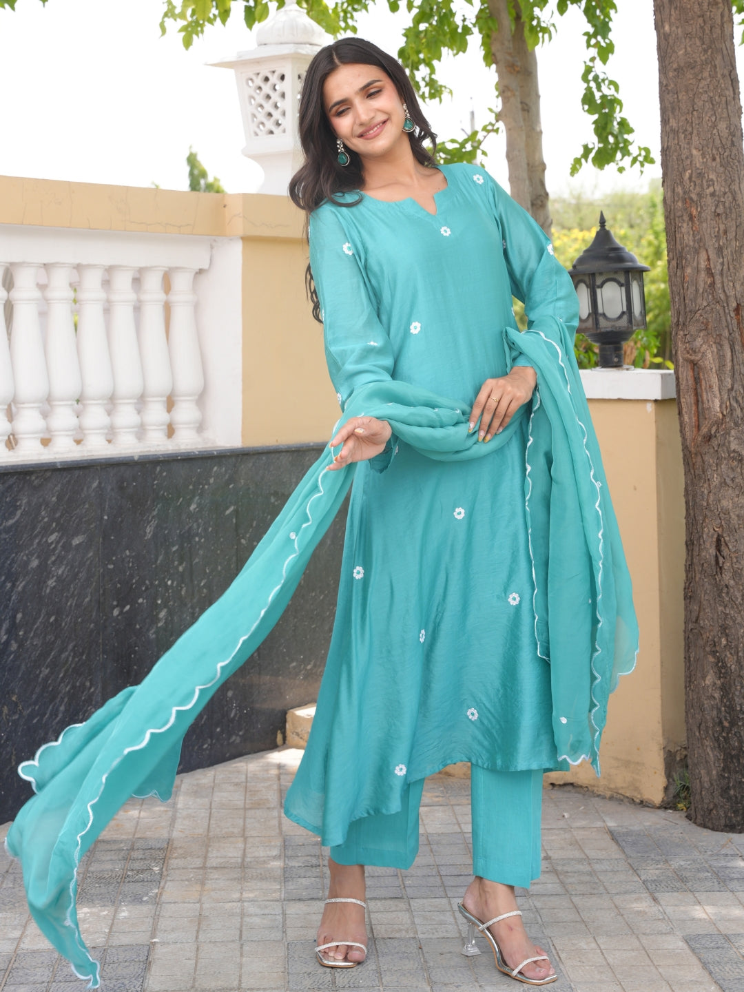 Teal Aqua Daisy Chanderi A-Line Kurta Set