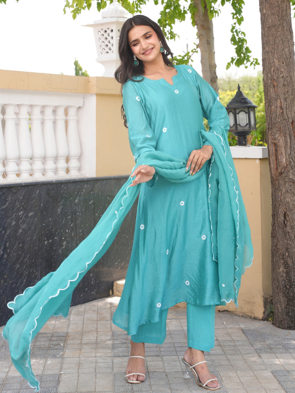 Teal Aqua Daisy Chanderi A-Line Kurta Set