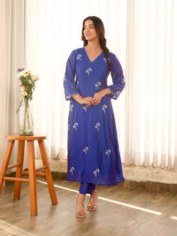 Blue Noor Aari Embroidered Chanderi Suit Set