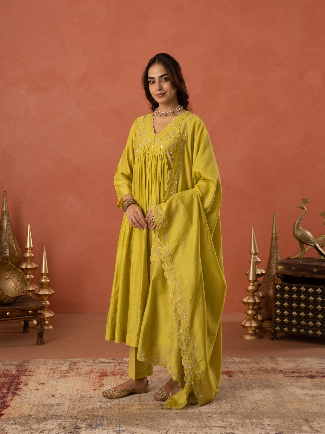 Mustard Yellow Chanderi Zari Embroidered Gathered  Kurta Set