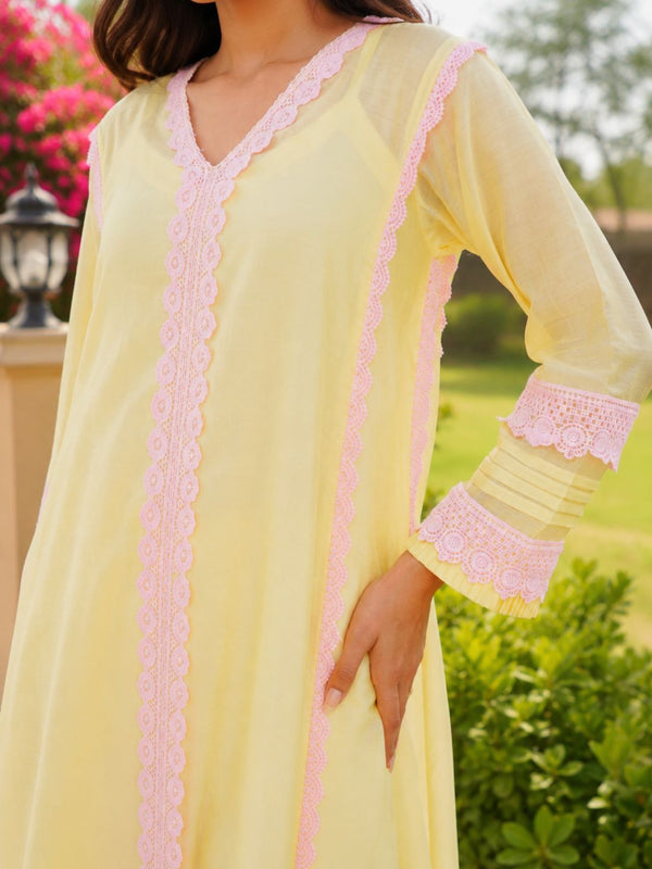 Pastel Yellow Chanderi Lace Work Kurta Set