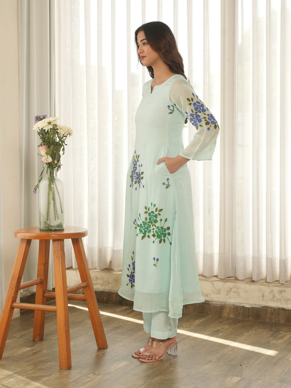 Mint Blossom Handpainted Organza Suit Set