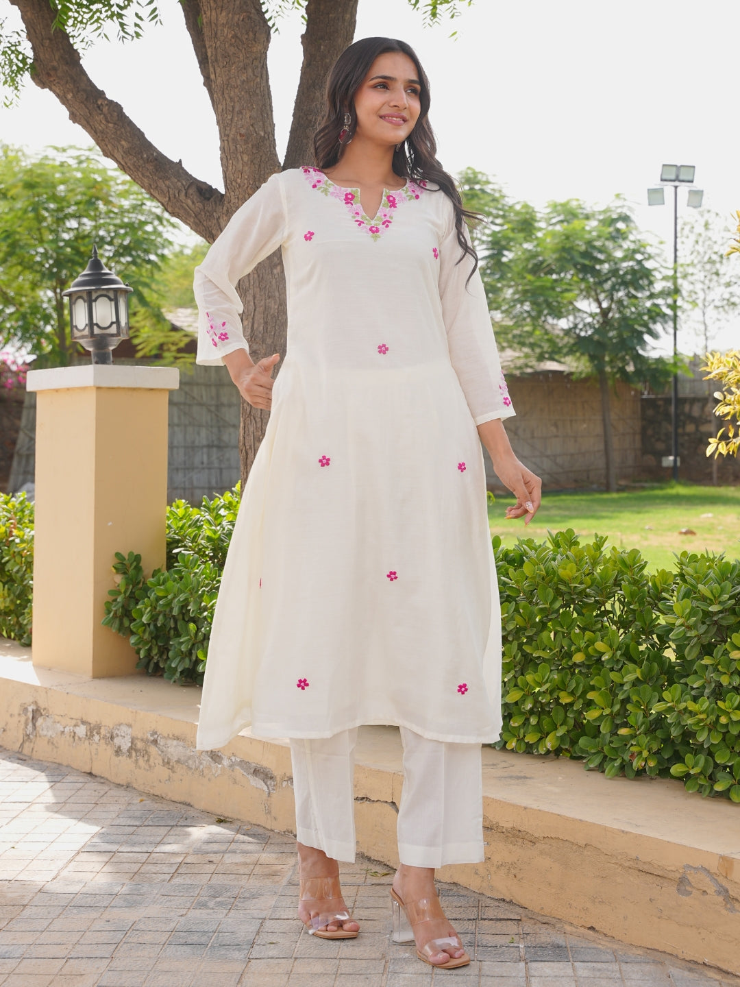 Off White Petal Handwork Chanderi A-Line Kurta Set