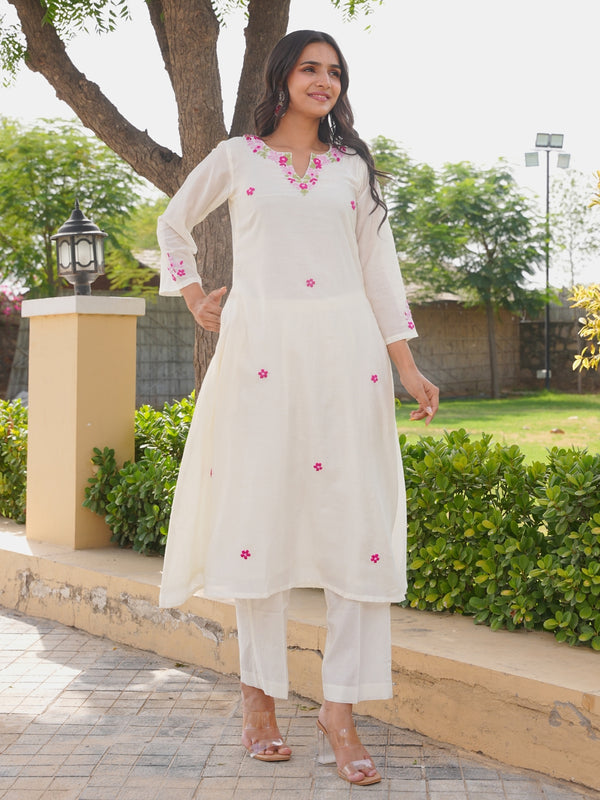 Off White Petal Handwork Chanderi A-Line Kurta Set