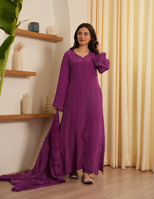Purple Silk Shibori Mirror  Work Staright Suit Set