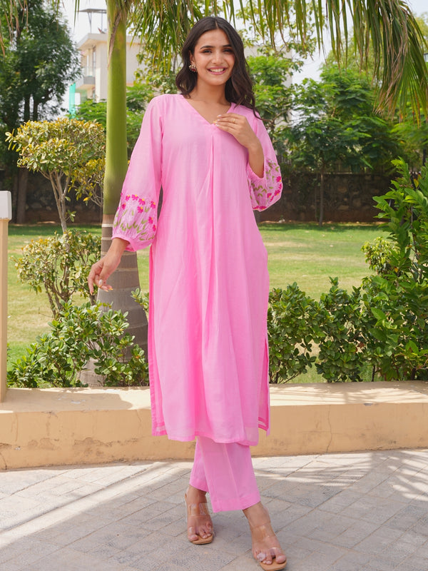 Pink Petal Floral Aari Work Chanderi Kurta Set