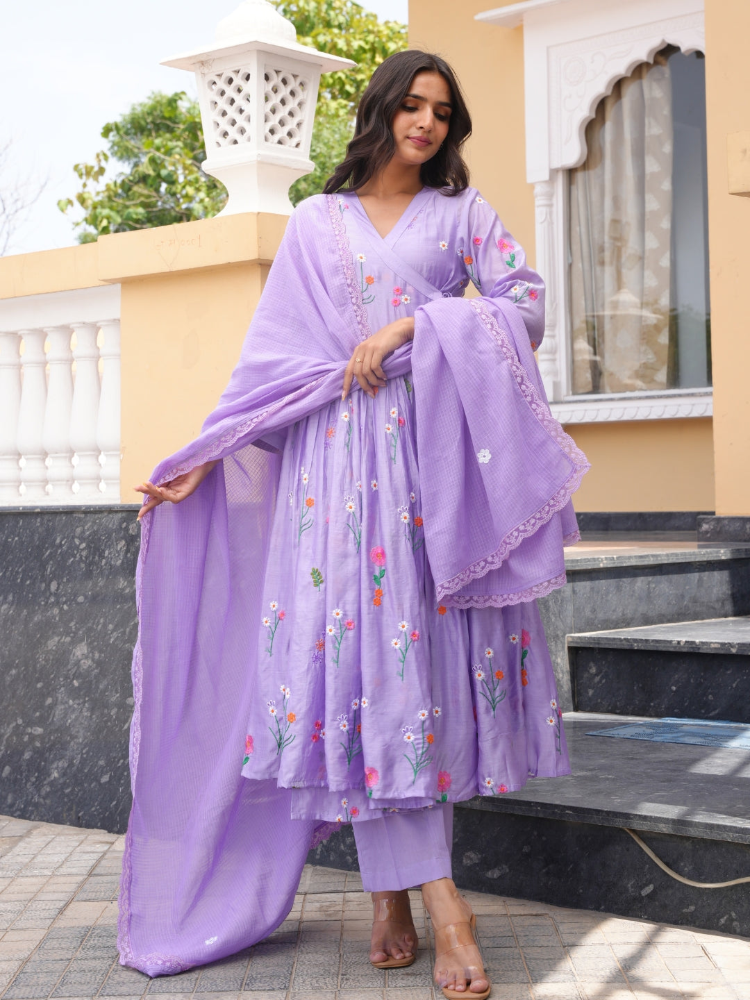 Lavender Daisy Chanderi Angrakha Kurta Set