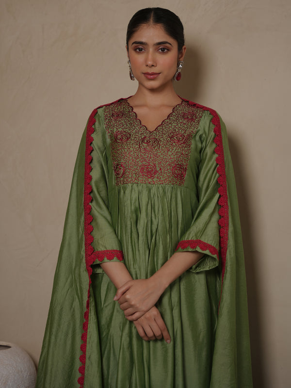 GAZANIA GREEN CHANDERI AARIWORK SUIT SET