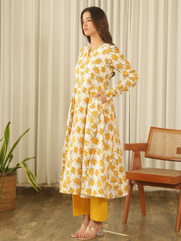 Sunlit Mustard Cotton Print Suit Set