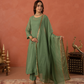 Green Doria Hand Embroidered A- Line Kurta  Set