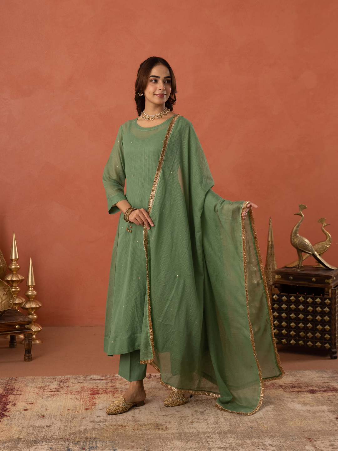 Green Doria Hand Embroidered A- Line Kurta  Set