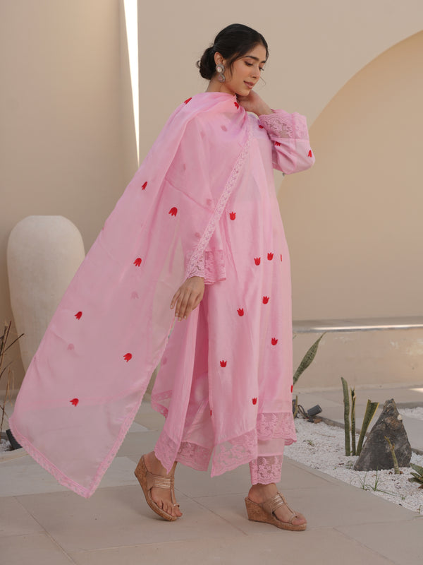 TULIP PINK CHANDERI EMBROIDERED SUIT SET
