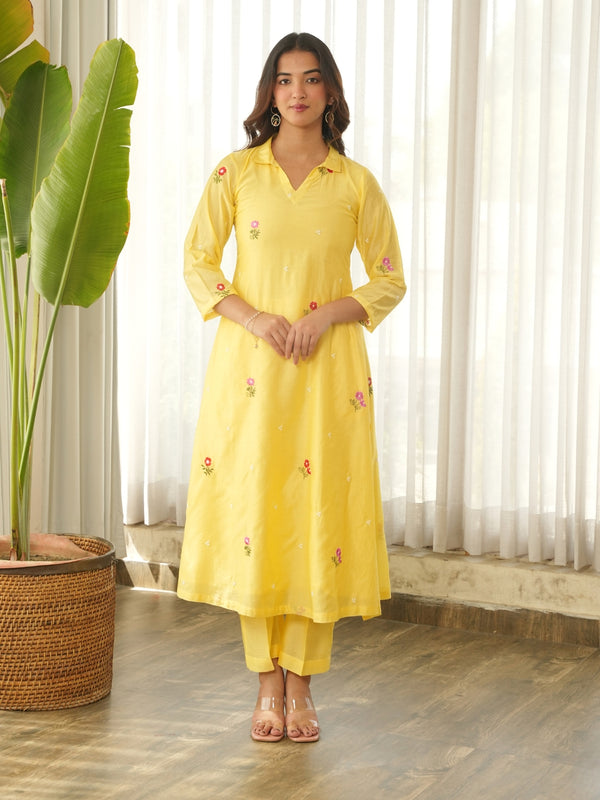 Lemon Yellow Embroidered Chanderi Kurta Set with Pants
