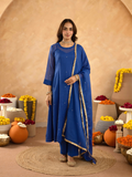 "Royal Blue Doria Hand Embroidered A- Line Kurta  Set"