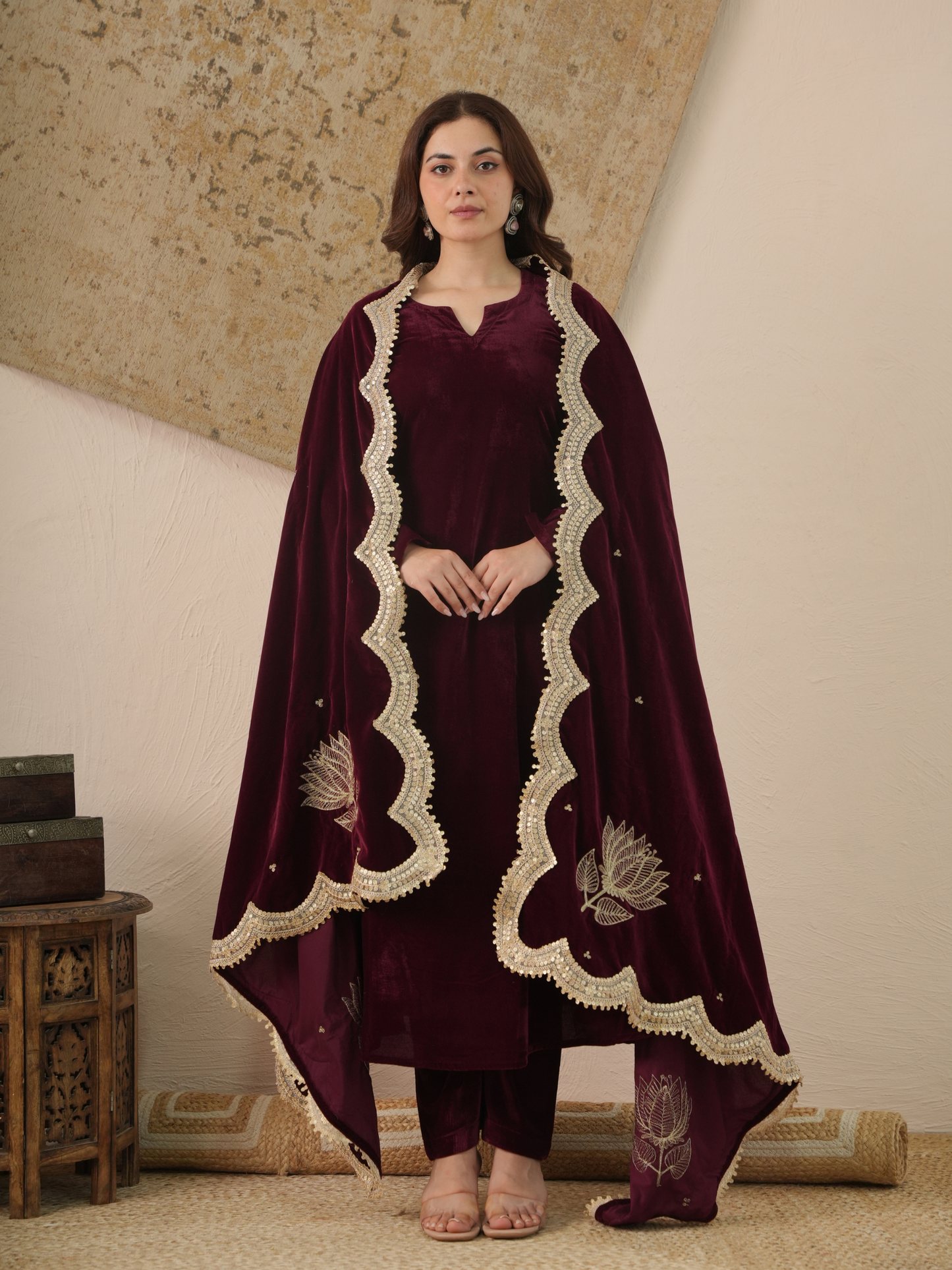 Zehra Wine Velvet Kurta With Pant & Dupatta