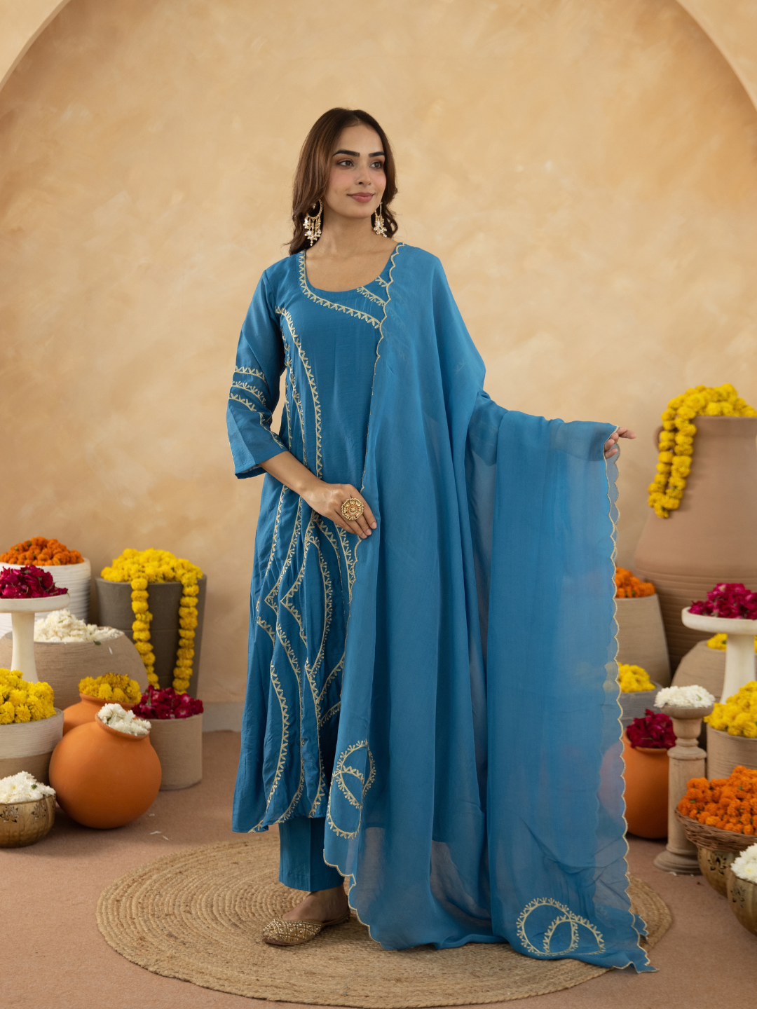 Blue Chanderi Aari Embroidered A- Line Kurta Set