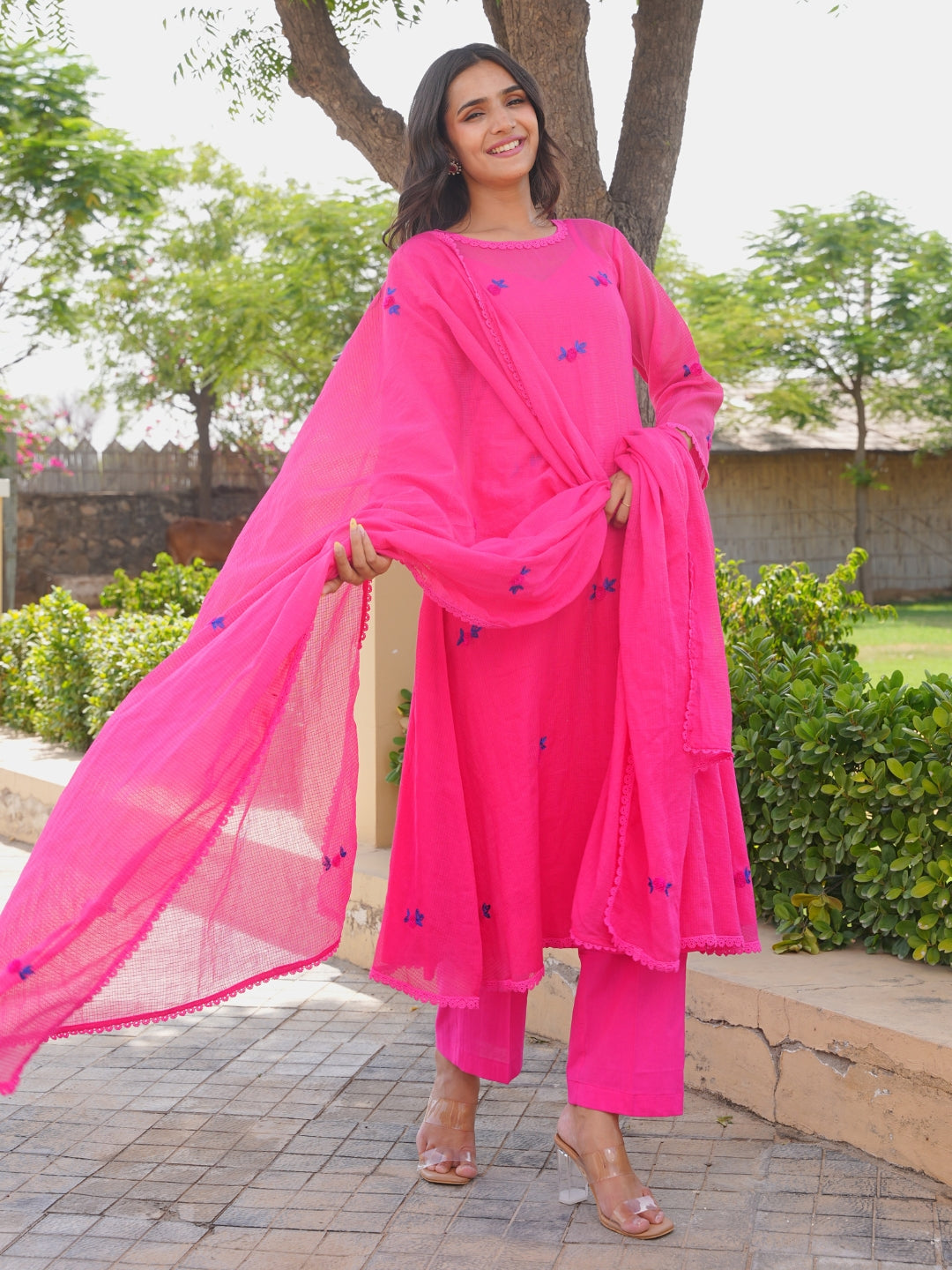 Pink Fuchsia Bloom Doria Aari Kurta Set