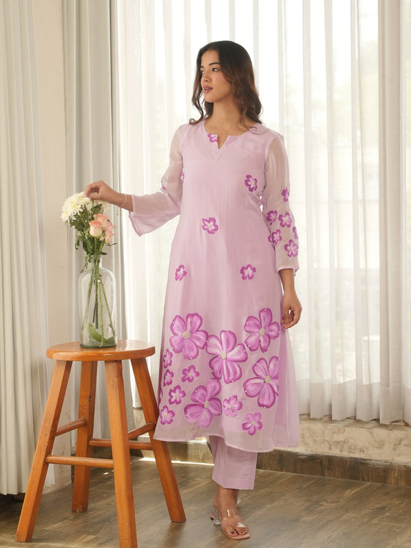 Mauve Blossom Hand Paint Soft Organza Suit Set
