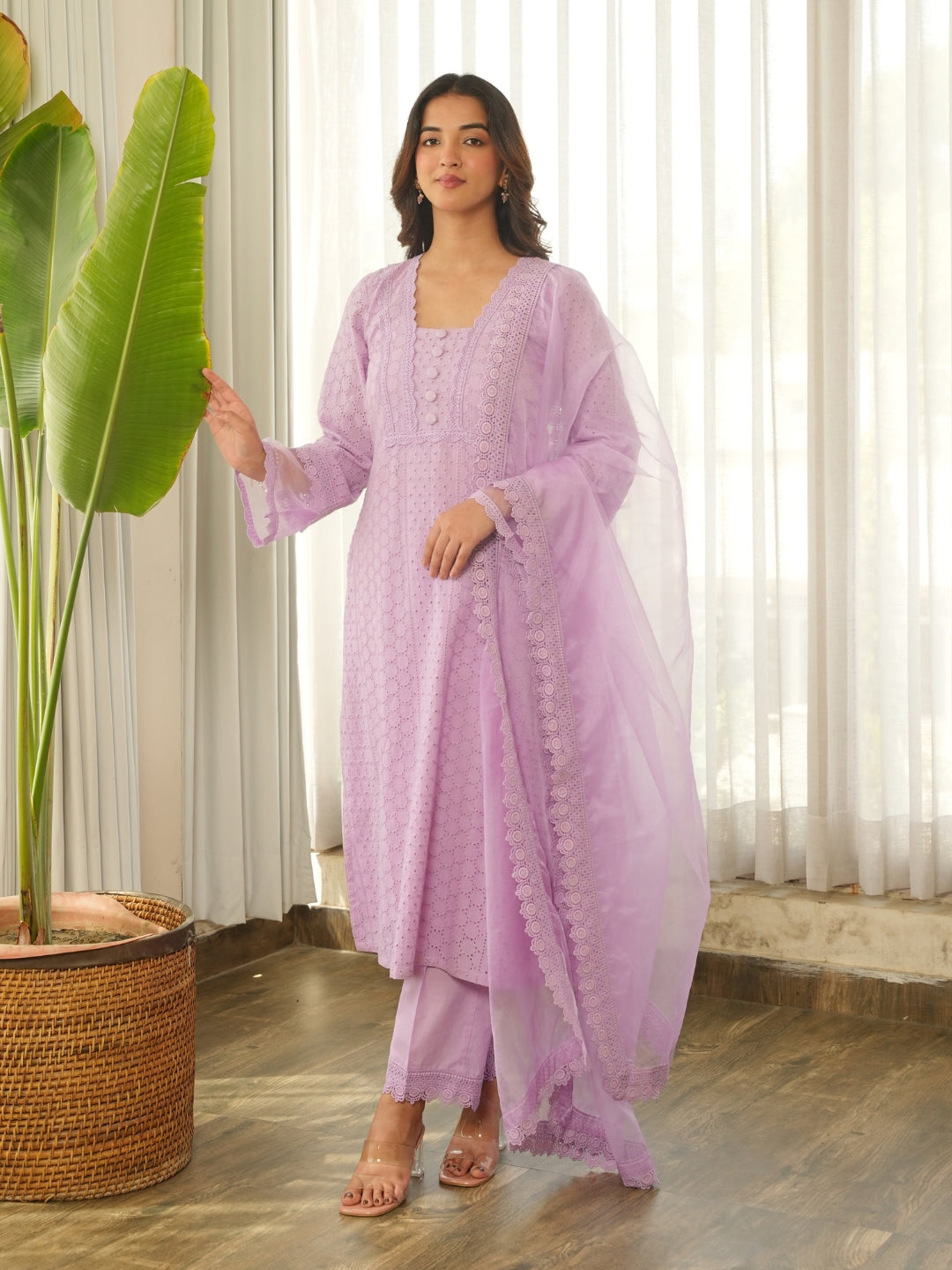 Lavender Schiffli Cotton Kurta Set with Pants & Organza Dupatta