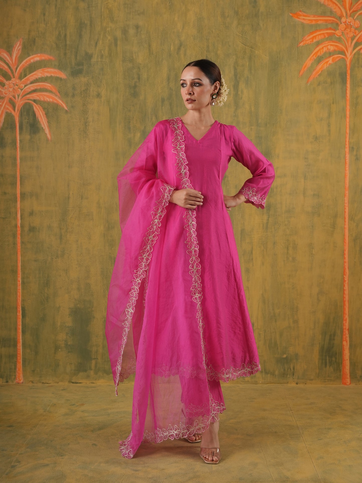 Roohani Pink Chanderi Floral Cutwork Suit Set