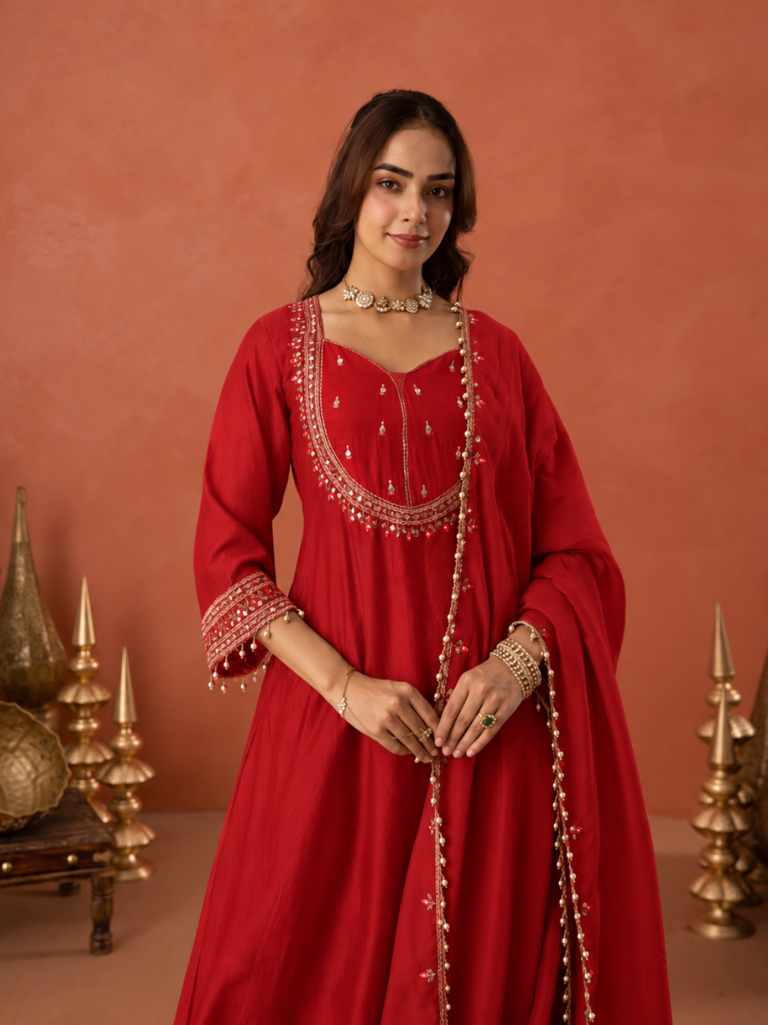 Red Chanderi Mirrorwork A- Line Kurta Set
