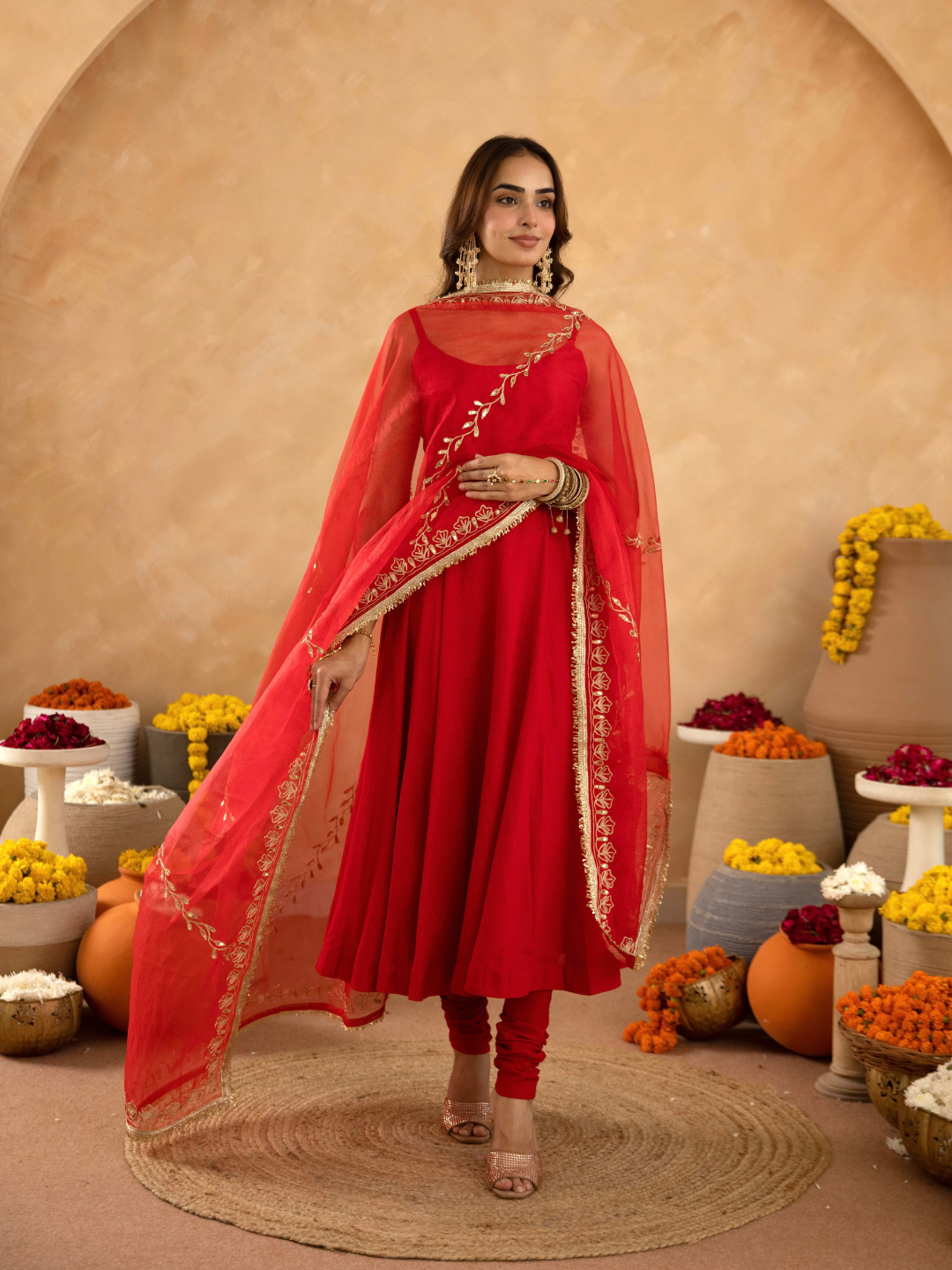 Red Chanderi Anarkali with Aari Work & Sequin Embellished  Dupatta