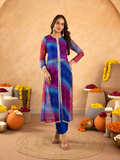 Blue Pink Chiffon Bandhej Mirrorwork Straight Kurta