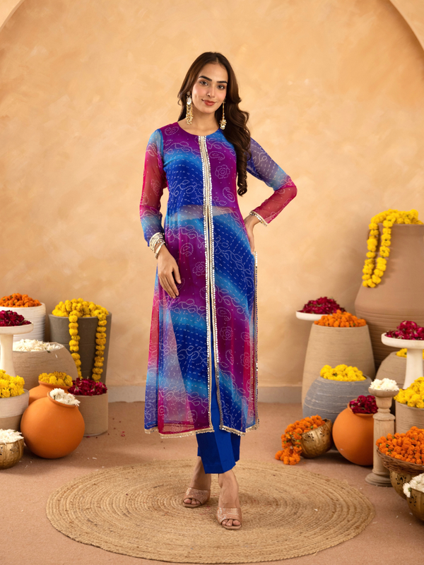 Blue Pink Chiffon Bandhej Mirrorwork Straight Kurta