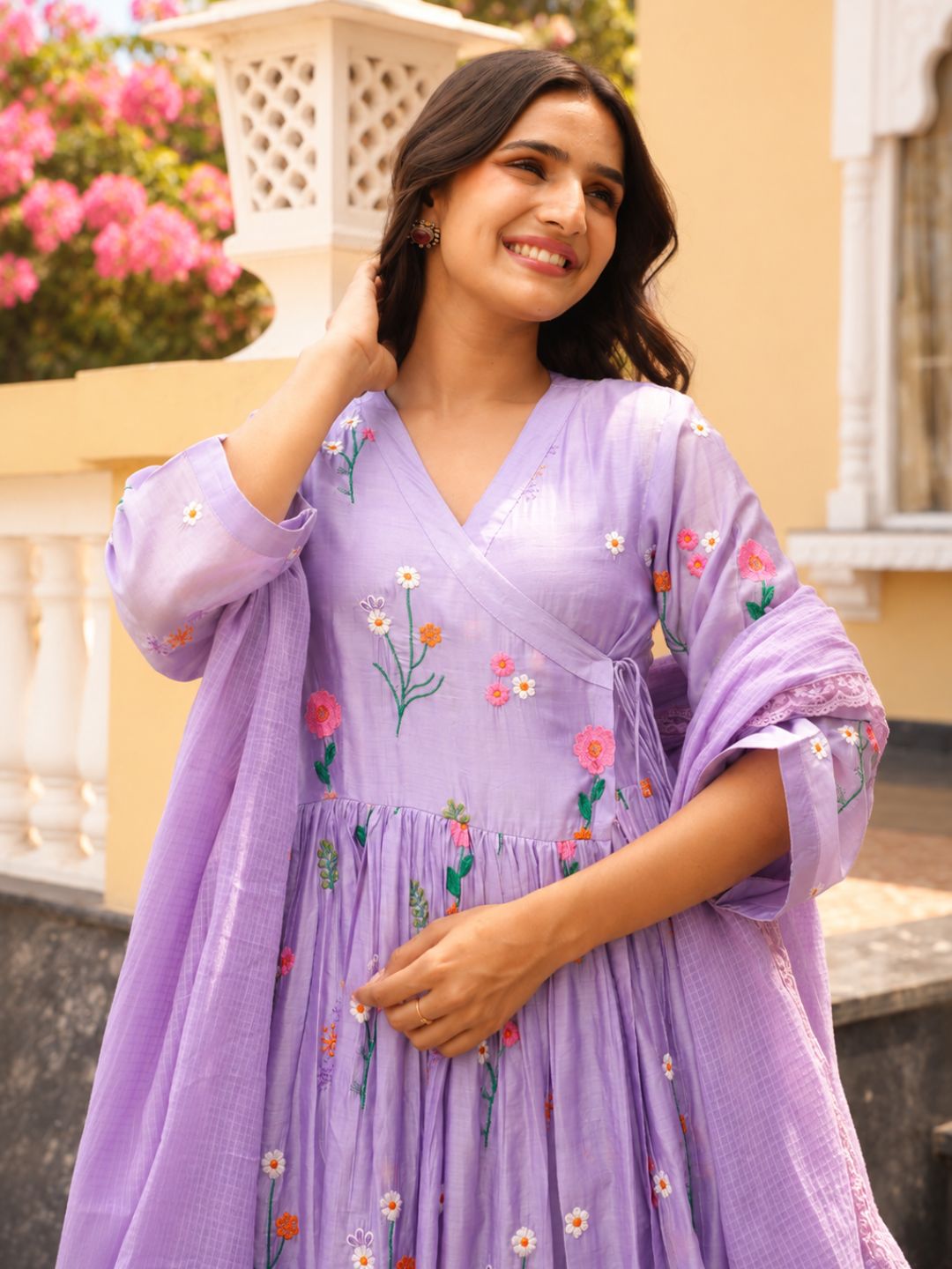 Lavender Daisy Chanderi Angrakha Kurta Set