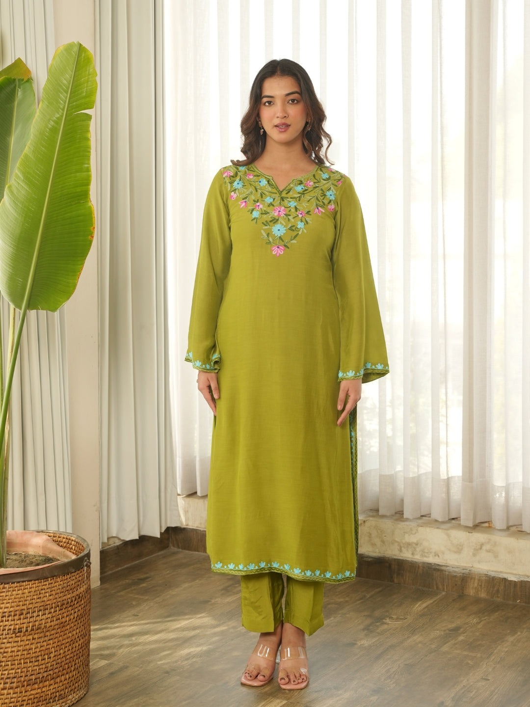 Olive Green Floral Embroidered Muslin Kurta Set with Pants