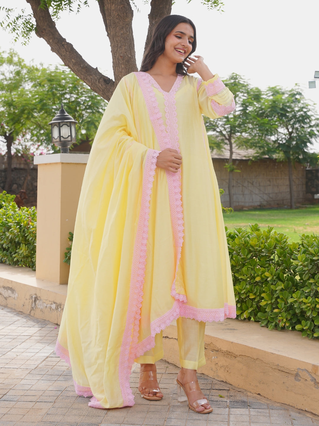 Pastel Yellow Chanderi Lace Work Kurta Set