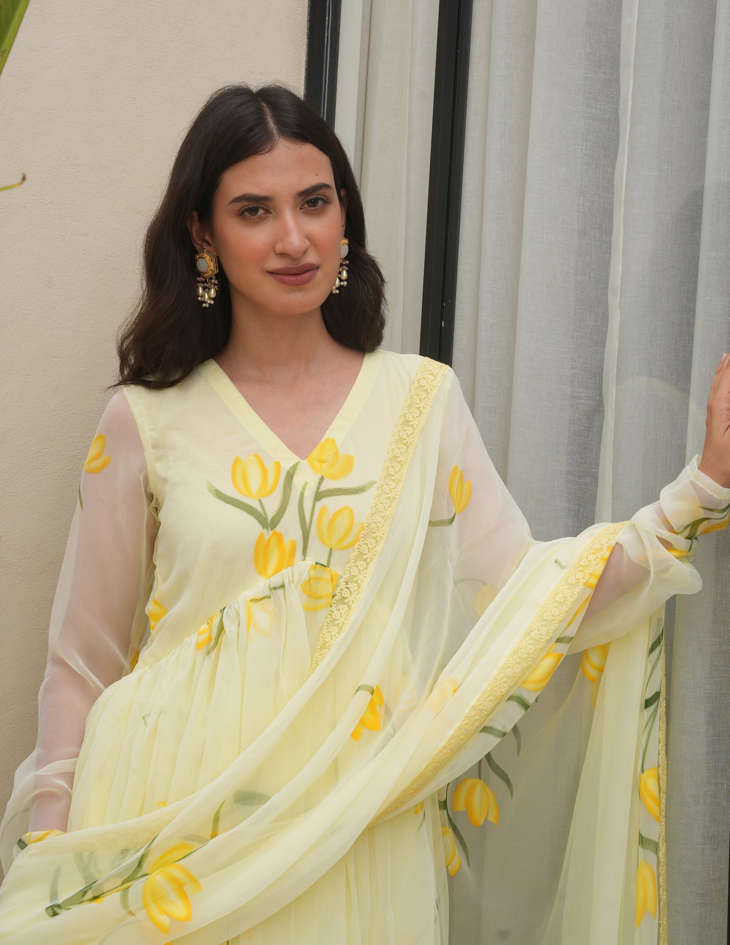 Periwinkle Yellow Chiffon Handpaint Suit Set