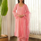 Peach Schiffli Cotton Kurta Set with Pants & Organza Dupatta