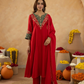 Red Zari Embroidered A-Line kurta with Dupatta
