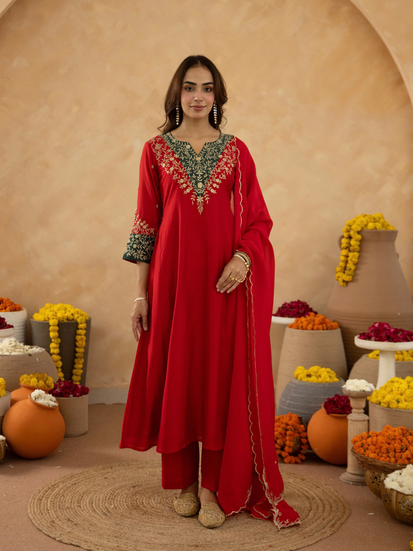 Red Zari Embroidered A-Line kurta with Dupatta