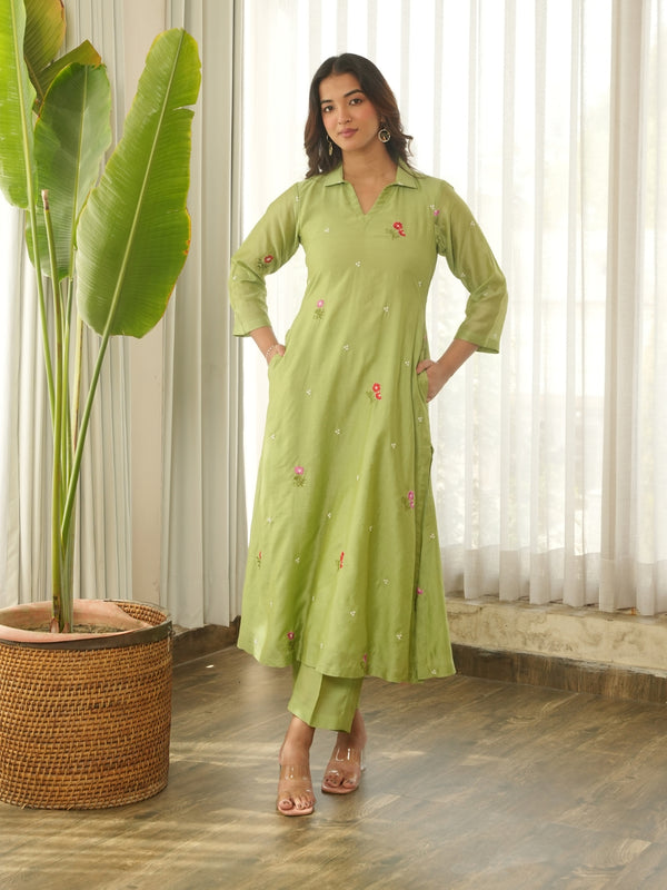 Pistachio Green Embroidered Chanderi Kurta Set with Pants