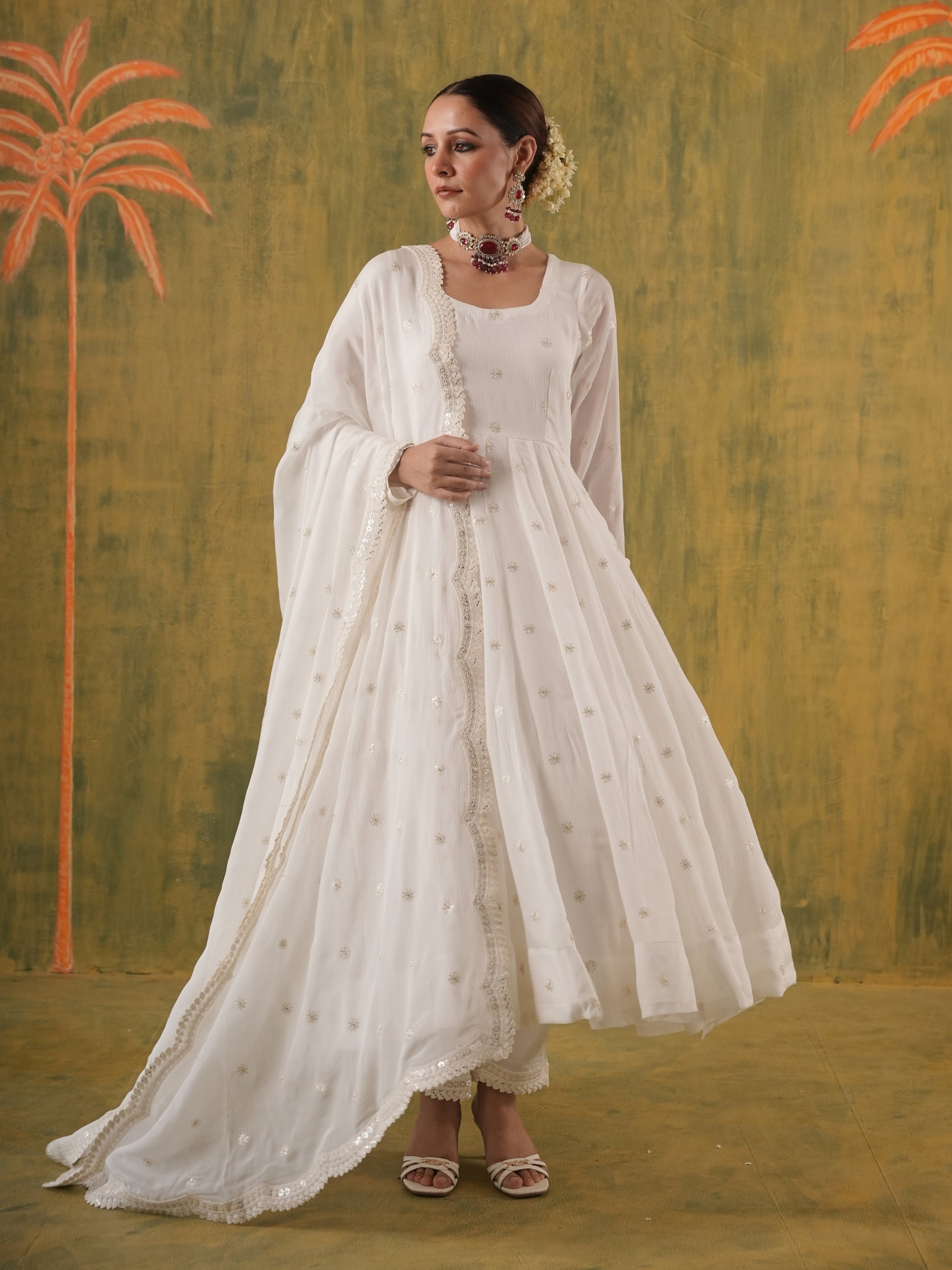 Zeenat White Embroidered Anarkali Set OneWe India Zeenat White Embroidered Anarkali Set OneWe India