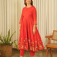 Red Chanderi Aari Embroidery Kurta Set with Pant & Dupatta