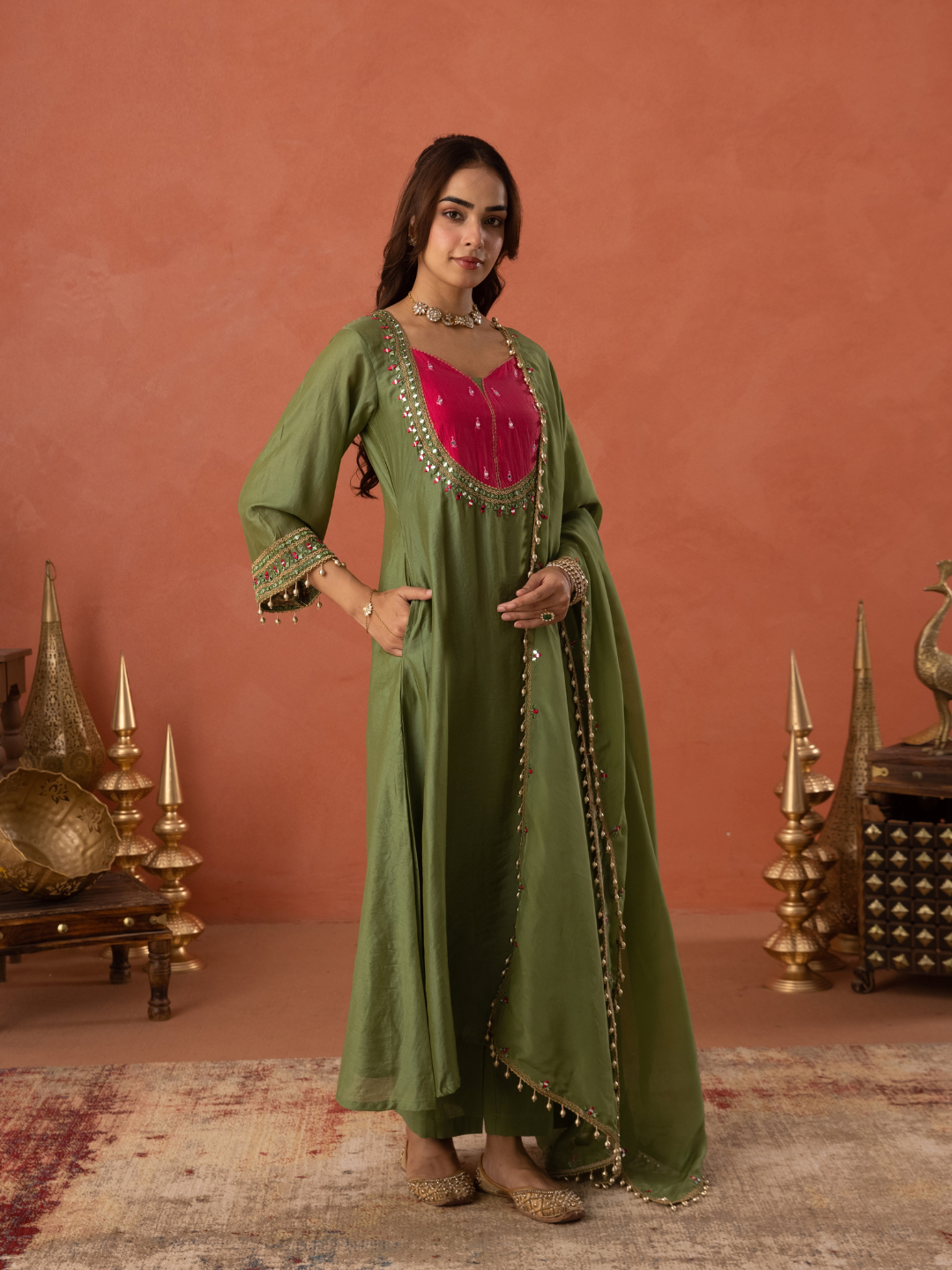 Olive Green Chanderi Mirrorwork A- Line Kurta Set