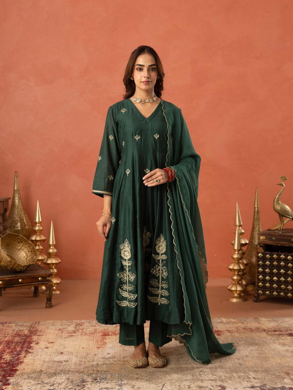 Bottle Green Floral Aari Embroidered Anarkali Set
