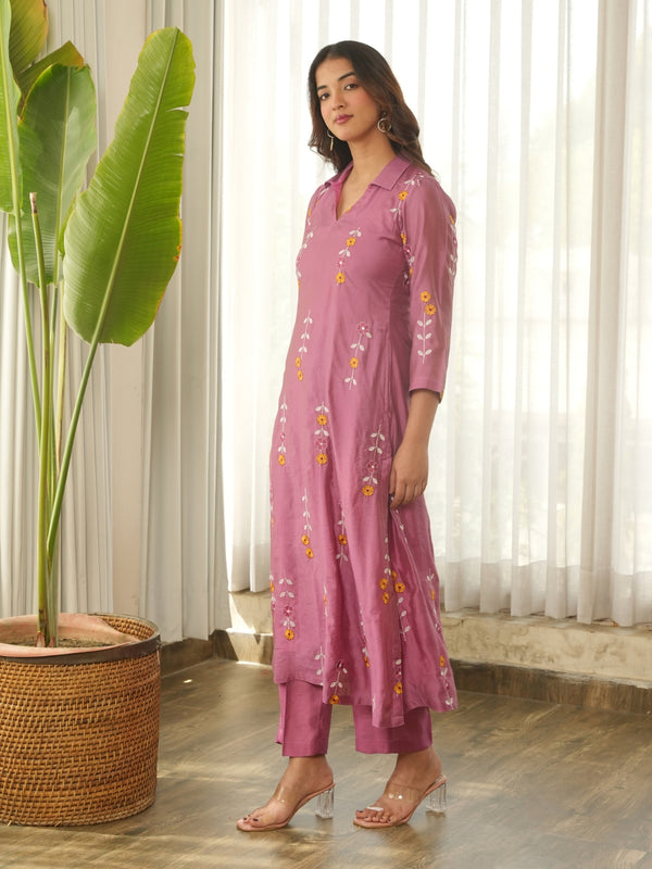 Mauve Pink Embroidered Chanderi Kurta Set with Pants