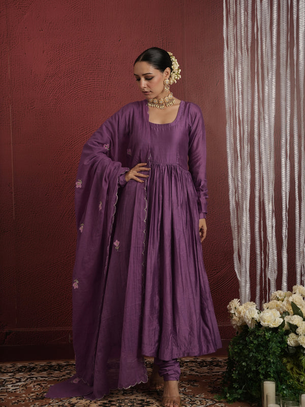 CHAAND PURPLE CHANDERI AARIWORK FLORAL SUIT SET