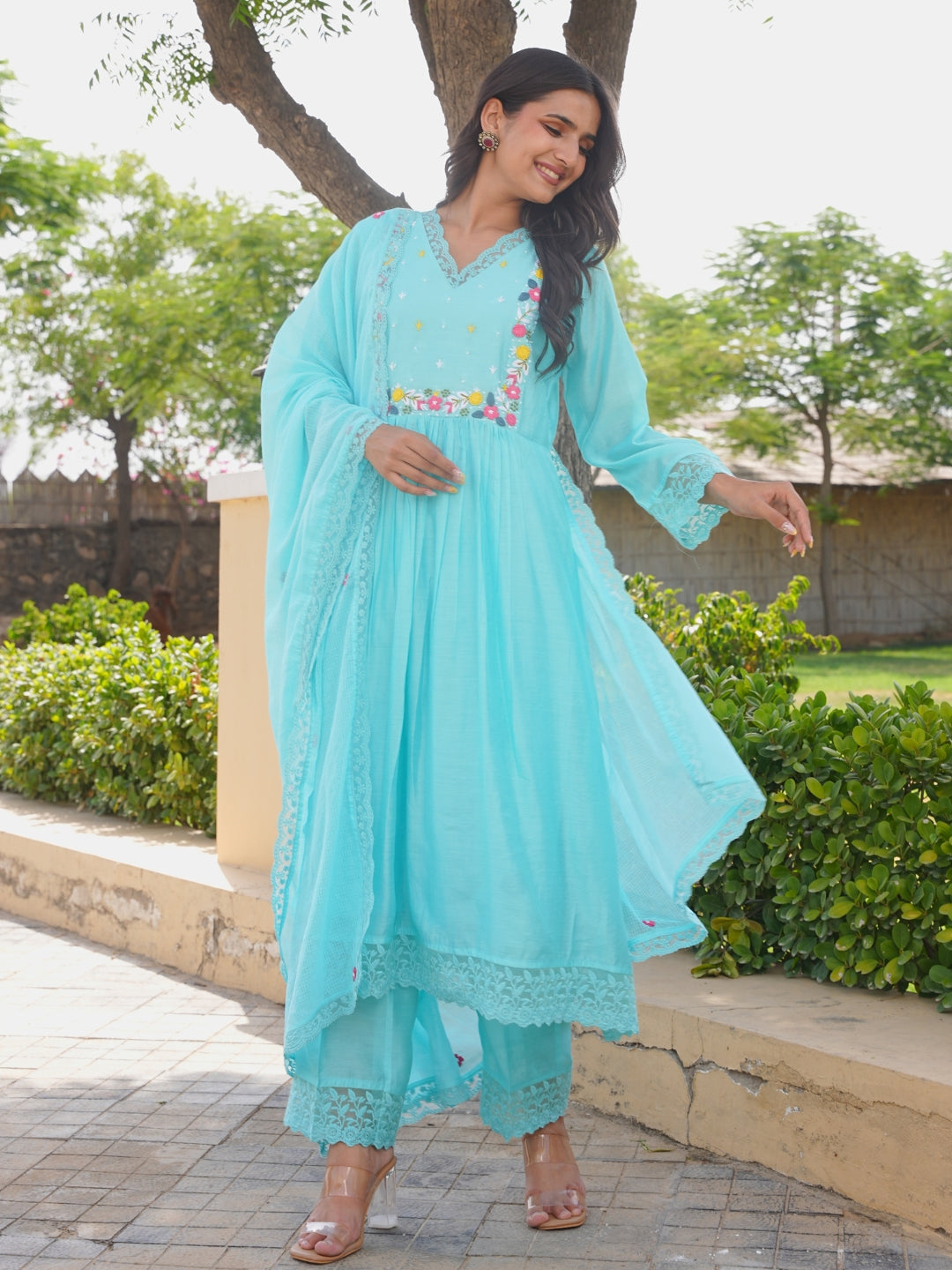 Aqua Blue Floral Handwork Chanderi Kurta Set