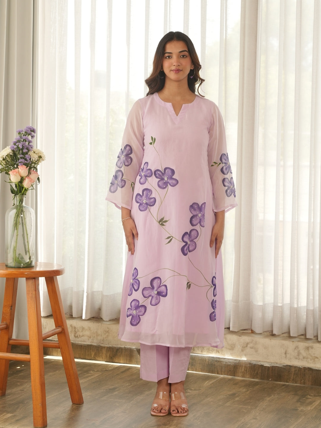 Light Lilac Hand Paint Soft Organza Suit Set
