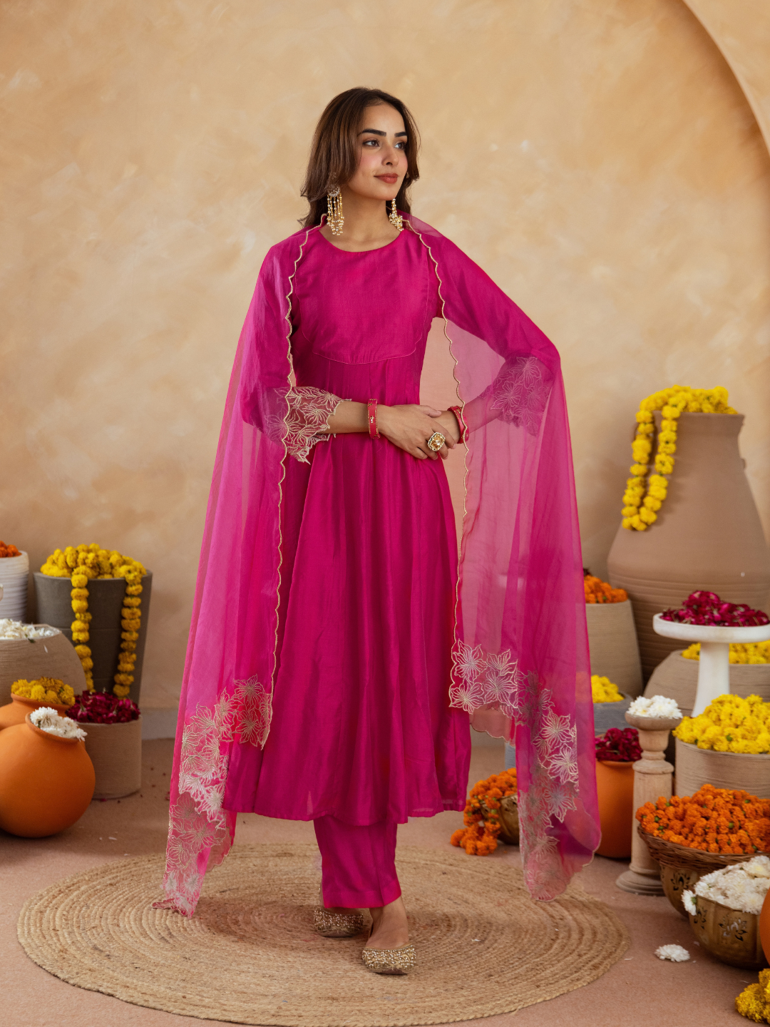 Fuchsia Pink Chanderi Embroidered Kurta Set with  Organza Dupatta
