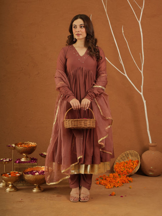 Zariya Brown Chanderi Gota Suit Set