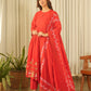 Red Chanderi Aari Embroidery Kurta Set with Pant & Dupatta