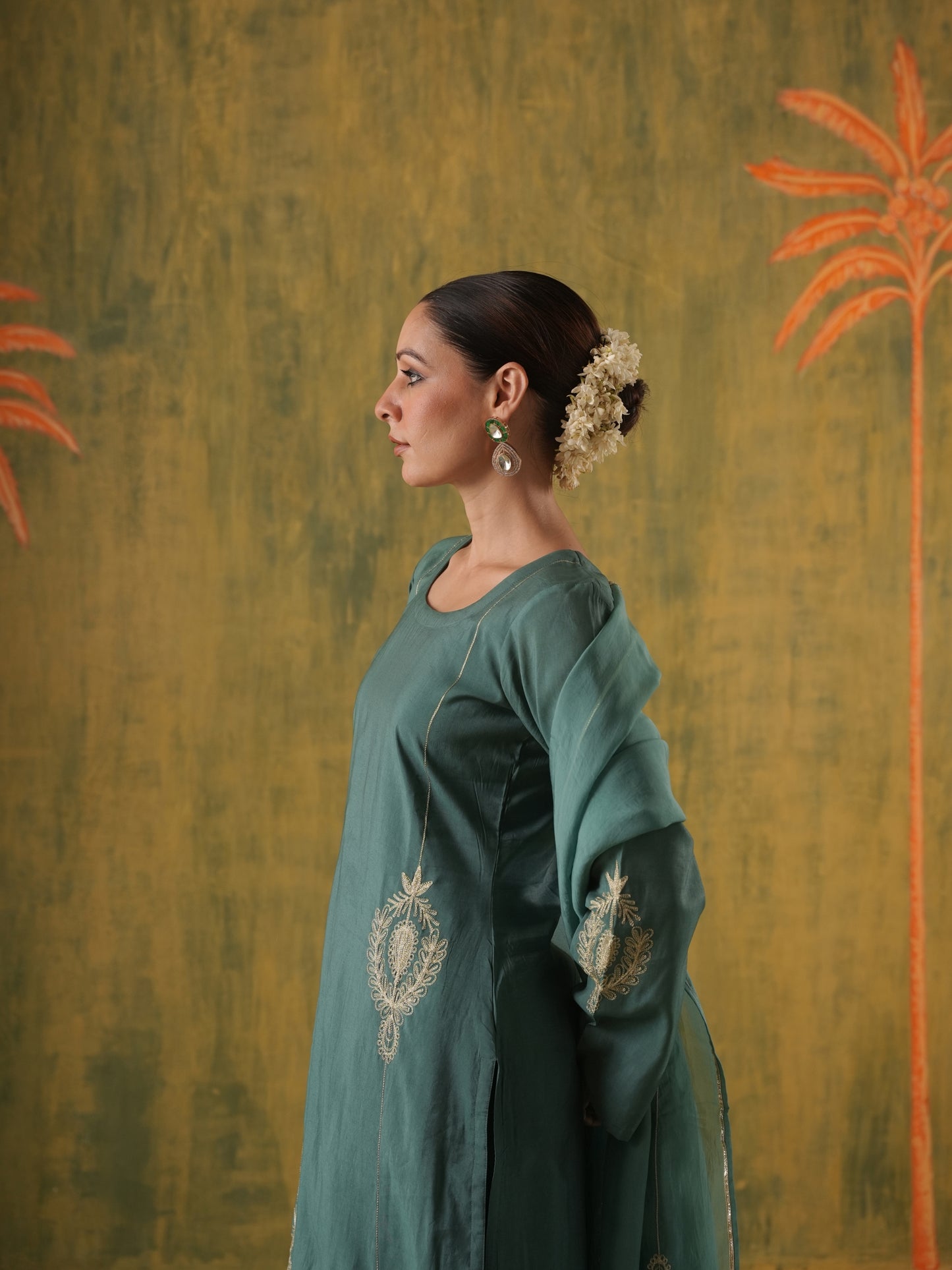 Rani Zoya Green Embroidered Silk Suit Set